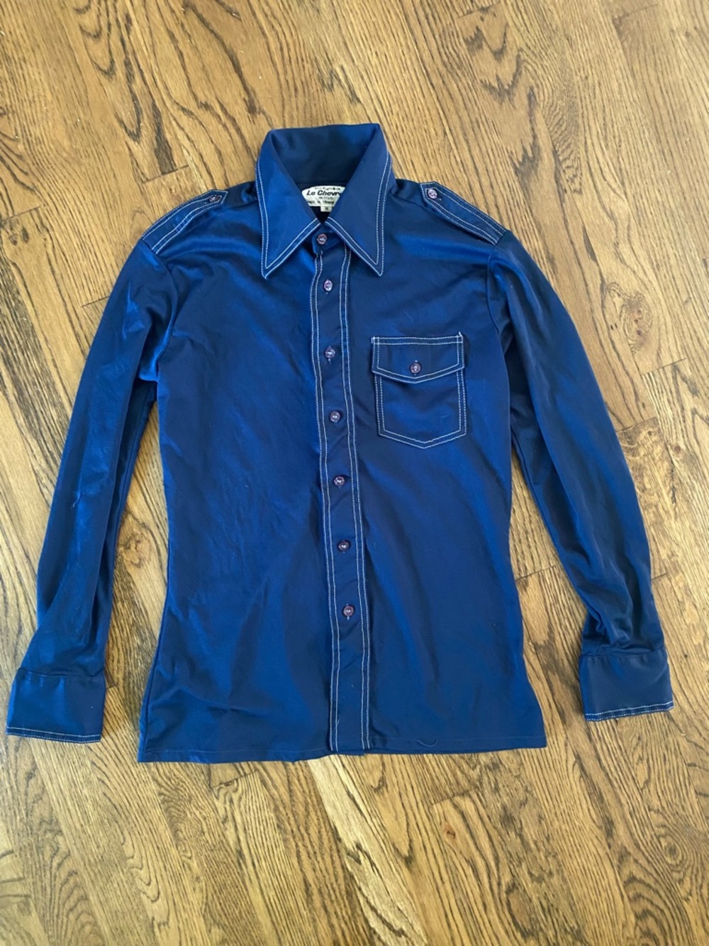 70s Retro Le Chateau Men's Navy Blue Polyester Collared Shirt